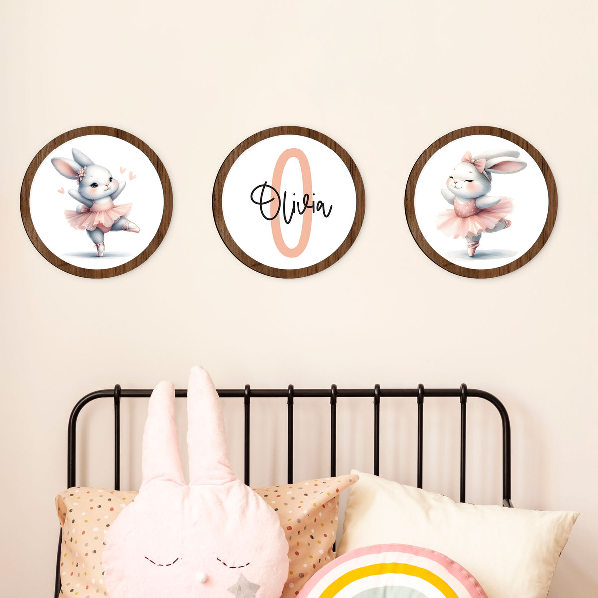 Tríptico conejitas ballet personalizado - Cuadros decorativos para bebés y niños